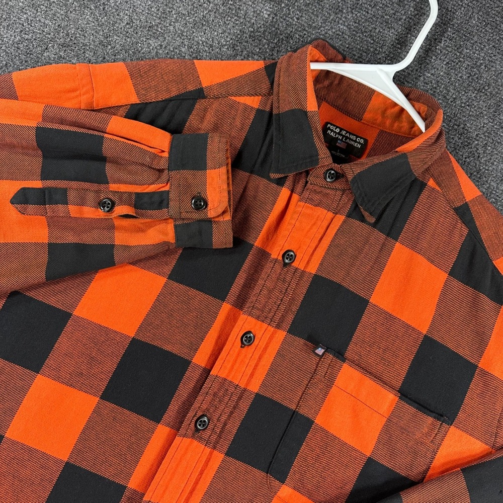 Polo Jeans Co Ralph Lauren Flannel Mens L Large Orange Black Buffalo Plaid Shirt